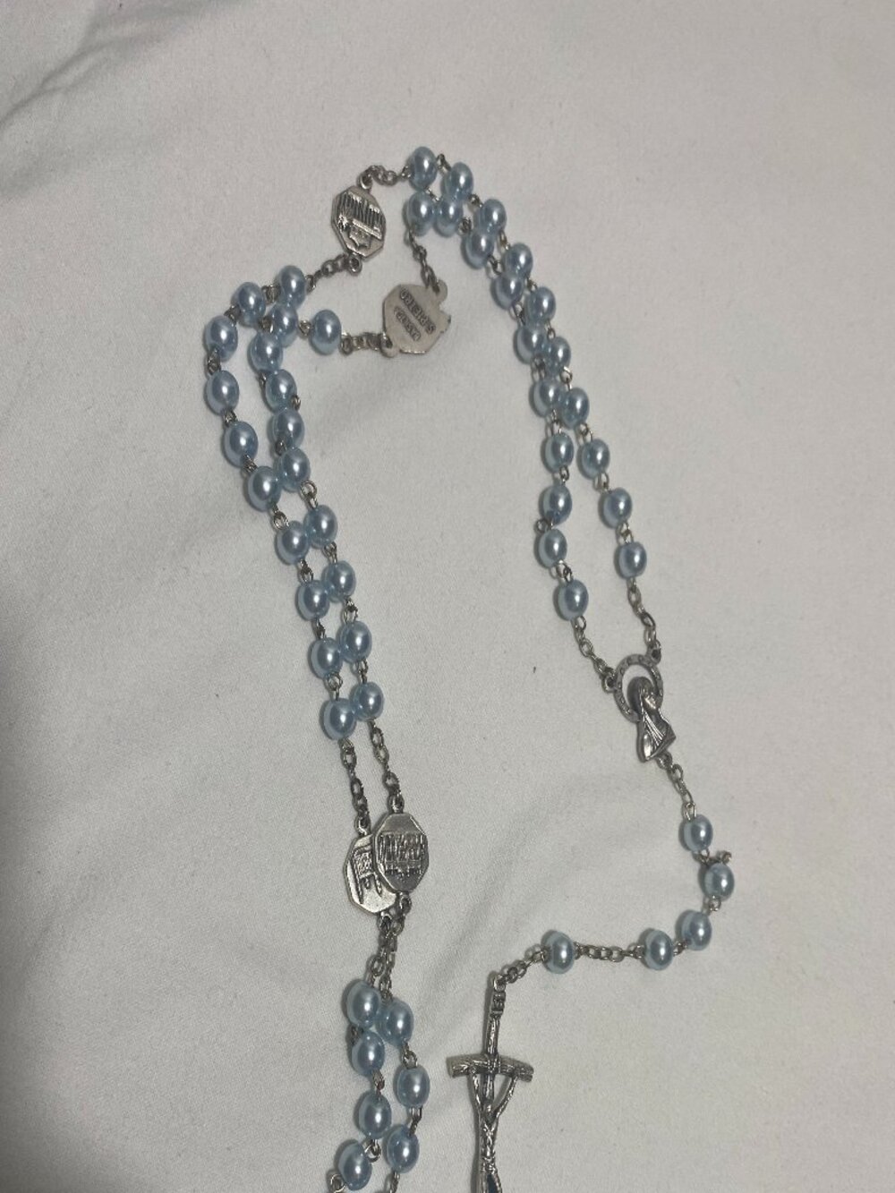 Vintage Basilica San Pietro Blue Faux Pearl Rosary Italy Catholic Prayer Beads